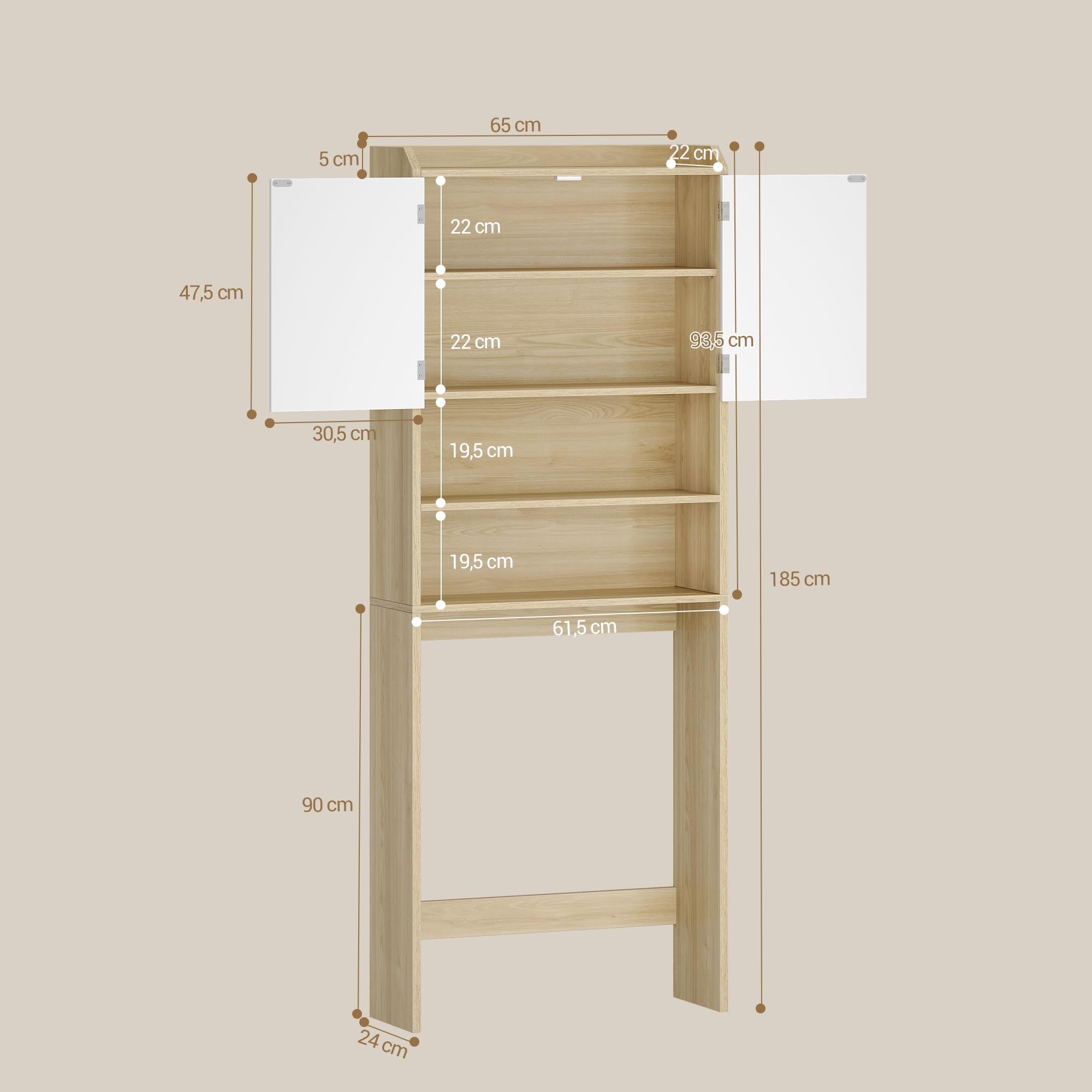 Hzuaneri Mobile lavatrice,24 x 65 x 185cm, Rip. regol.,Bianco-Rovere | 2 ripiani apribili, Mobile sopra lavatrice, Stile moderno minimalista, Porta WC doppia anta, LR65031X