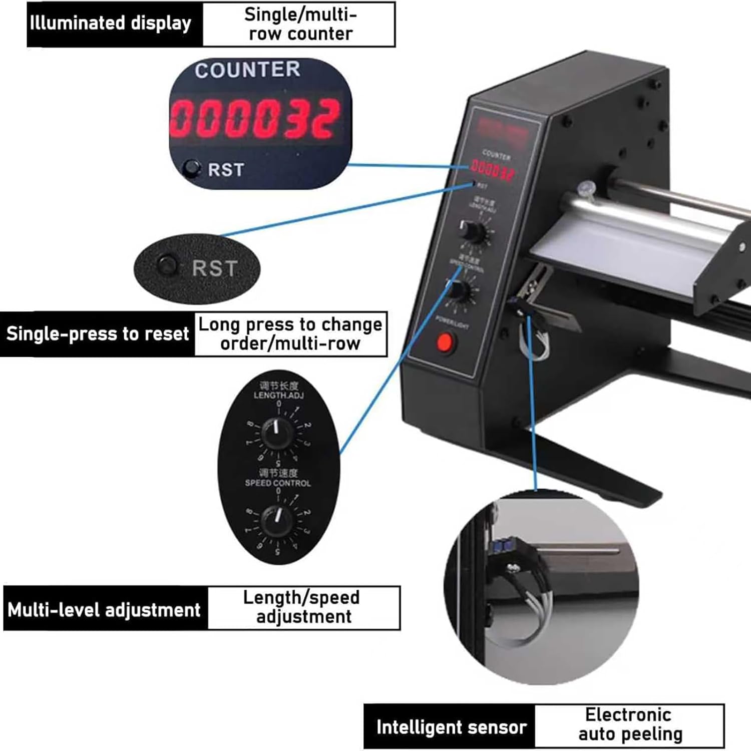 Efficient Label Stripper Machine, Automatic Label Dispenser with Adjustable Length and Speed, 0-999999 Counting Function, Label Width 5-140mm, for Express Label