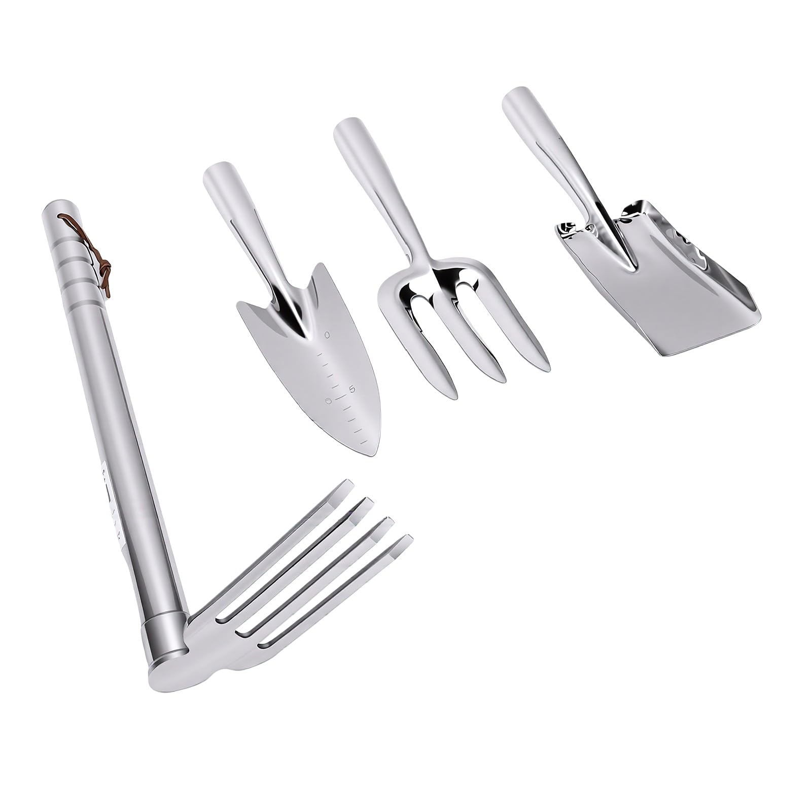 Bewinner Set di Attrezzi da Giardino in Acciaio Inossidabile da 4 Pezzi con Rastrello a 4 Denti, Set di Pala a Cazzuola a Mano per Diserbo, Piantagione, Scavo del Terreno, Compatto e Portatile