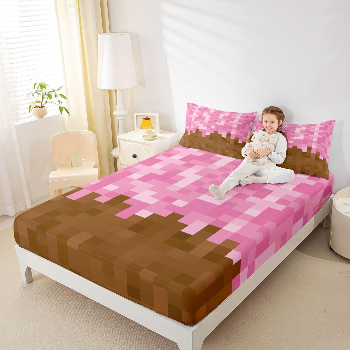 Pixelated Miners Game Kids Full Size Fitted Sheet,Video Games Gamepad Gaming Boys Girls Bed Sheets,Modern Geometric Square Room Decor,Pink Brown Bedding Set,2 Pillowcases(No Flat) image 3