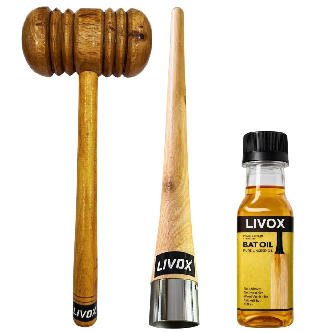 LIVOX Cricket Bat Tools Kit | Bat Knocking Hammer (Mallet) + Bat Grip Cone + Pure Linseed Bat Oil 100ml