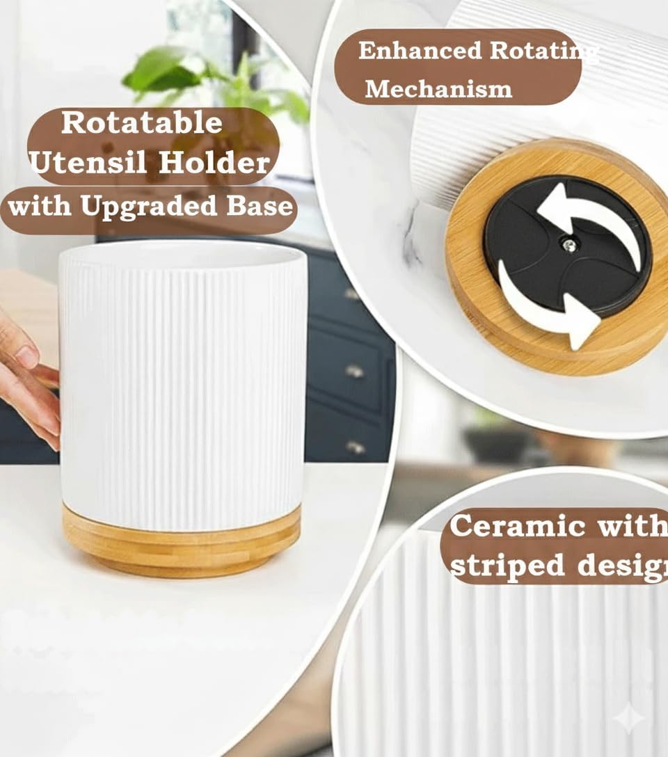 Utensil Holder, 360° Rotating Extra Large Ceramic Kitchen Utensil Holder for Countertop 7.3“ Cooking Utensil Crocks for Kitchen Counter with Rotatable Wooden Base, Farmhouse Decor, White