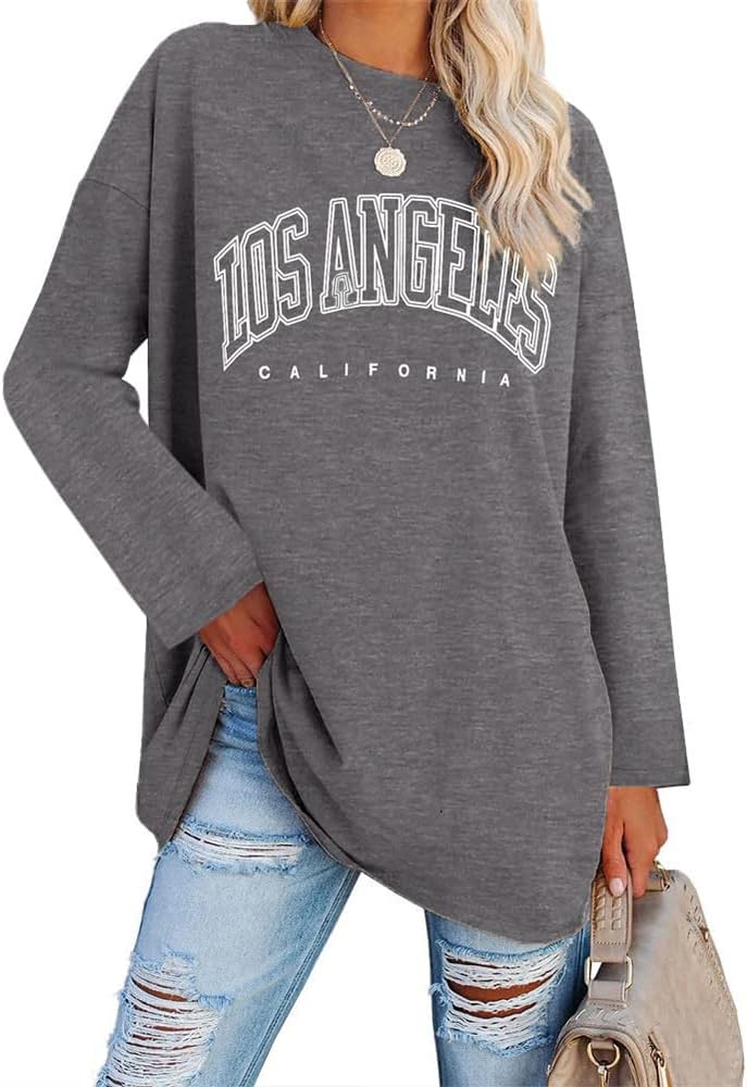 Ebifin Oversize Langarmshirt Damen Longshirt Rundhalsausschnitt Los Angeles Oberteil Langarm T Shirts Pullover Basic Tunika Tee Tops.Dunkelgrau.S