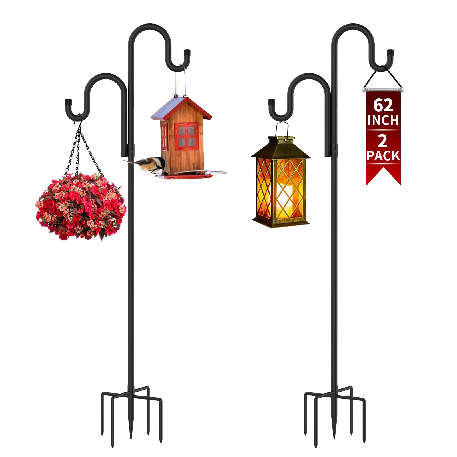 gargentol Double Shepherds Hooks for Outdoor, Bird Feeder Pole with 5 Prongs Base, Heavy Duty Garden Hook for Lantern, Wind Chime and Hummingbird Feeder, 62 Inch, 2 Pack-picture-20