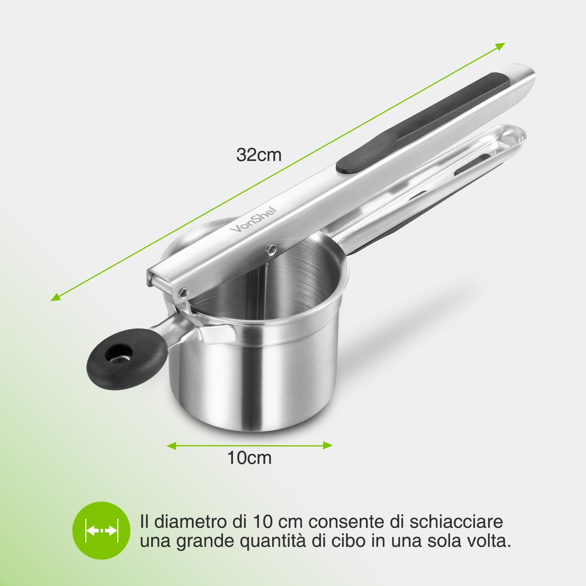 VonShef Schiacciapatate Acciaio Inox per Uso Alimentare con Manico in Silicone, Schiaccia Patate, Frutta e Verdura Lavabile in Lavastoviglie