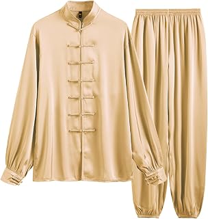 HUNTFF Traje de Tai Chi de Seda de Hielo Chino, Pantalones de Tai Chi, Artes Marciales Tradicionales para Entrenamiento, Traje de Qi Gong Wing Chun Unisex, Amarillo-S