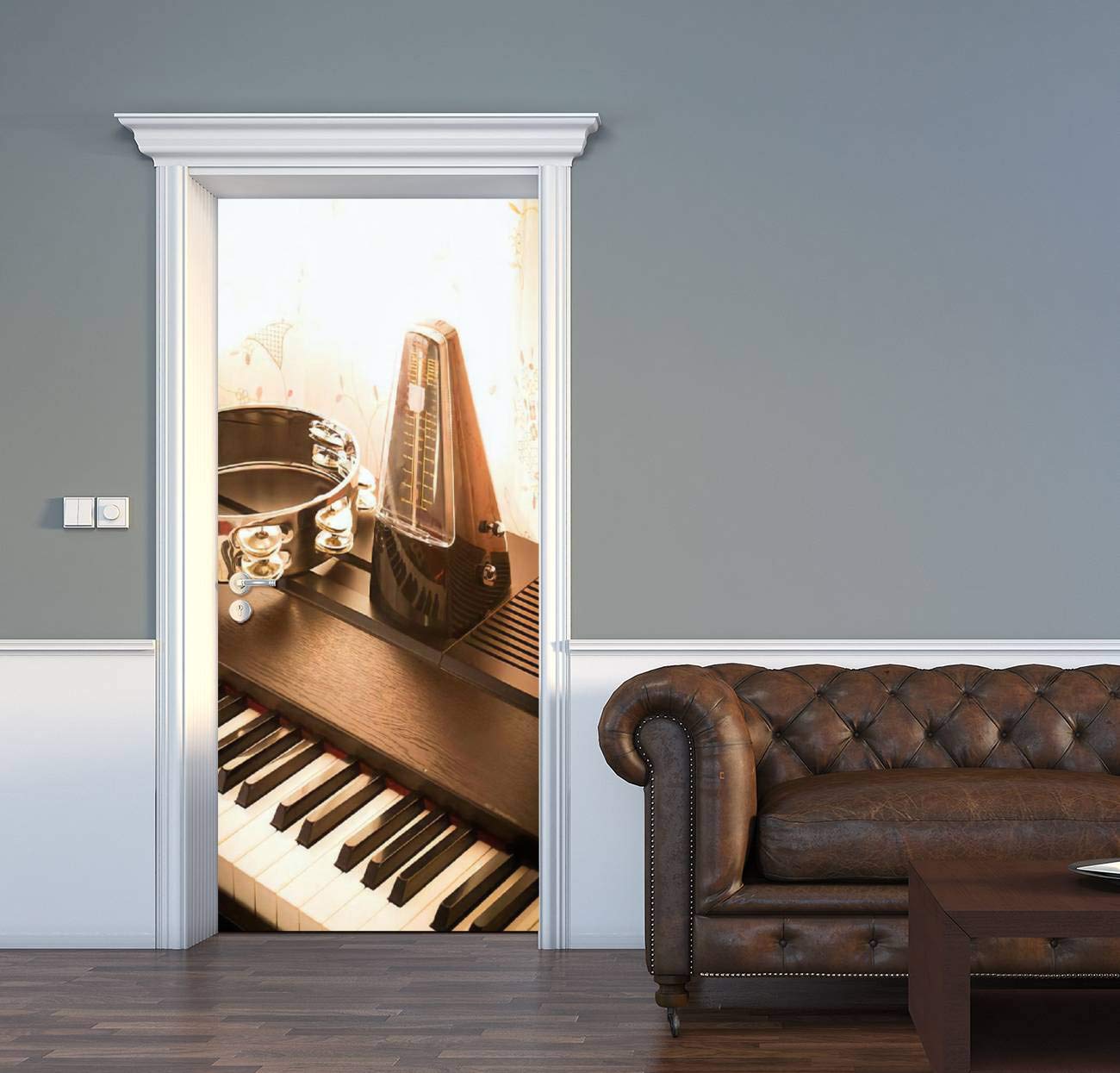 AceChic Door Decal Metronome on a Piano with Tambourine Piano Keys 3D Door Sticker Removable Self Adhesive Vintage Wall Decal Mural Wallpaper for Home Decor 30.3" W x 78.7" H