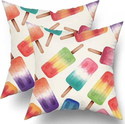 Juego de 2 fundas de almohada de helado de 18 x 18 pulgadas, diseño de acuarela verde, amarillo y rojo, fundas decorativas de verano, fundas de