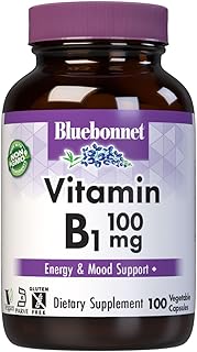 Bluebonnet Vitamin B1 100 mg - Mood Support & Energy Vitamins for Women & Men* - Thiamin HCl - Non-GMO, Vegan, Kosher, Gluten-Free - Soy & Dairy-Free - 100 Vegetable Capsules, 100 Day Supply