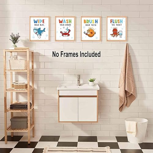 Miniatura 5 de IIILUYOT Divertido juego de reglas de decoración de baño para niños, juego de 4 impresiones artísticas de tiburón oceánico (8 x 10 pulgadas), bajo