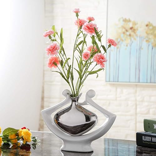 Miniatura 3 de Anding Florero de cerámica Estatua Florero de plata Florero blanco Decoración del hogar Escultura decorativa de cerámica (Florero plateado-99691)