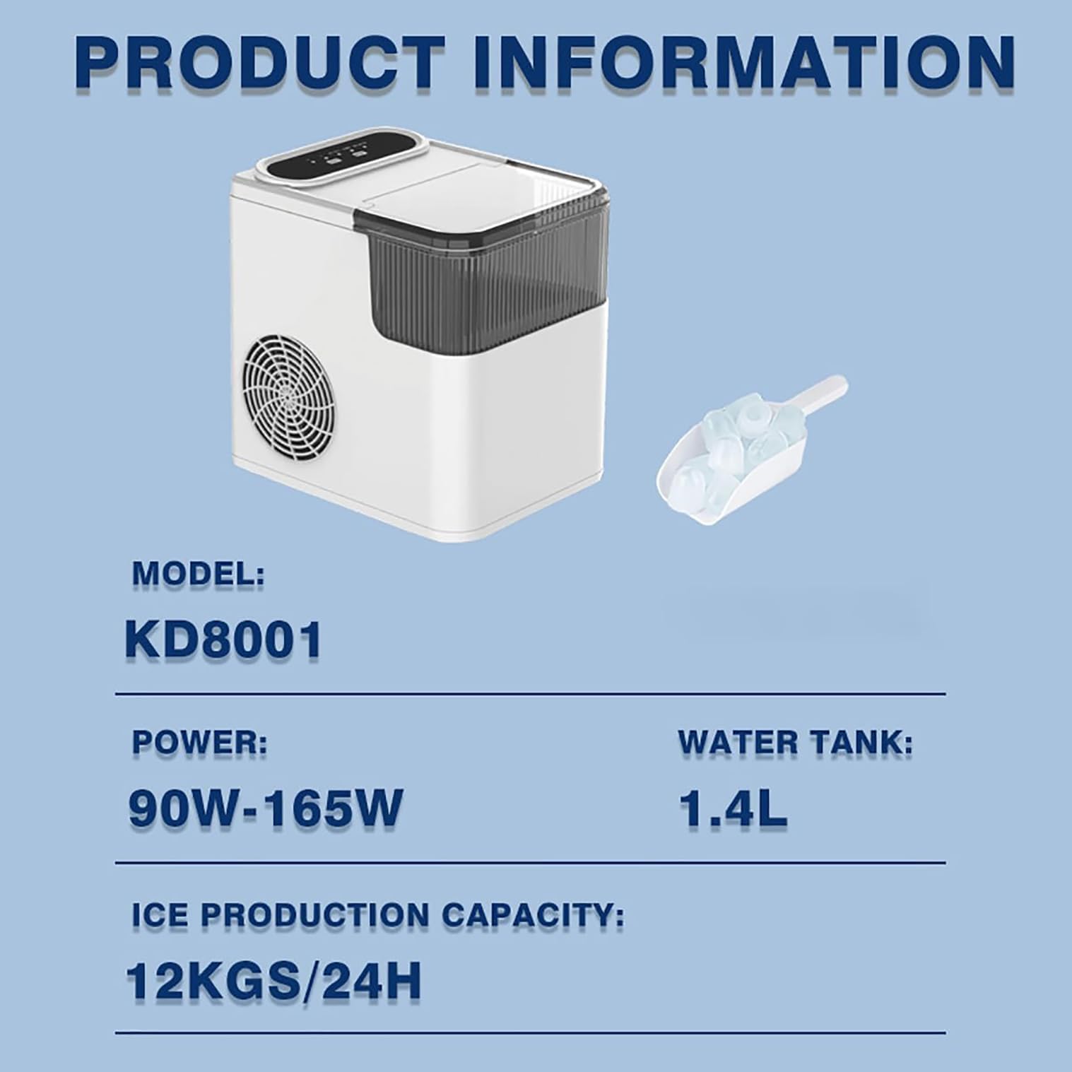 Przenośna kostkarka do lodu, 1,4 l, samooczyszczająca, obsługa jednym dotknięciem, produkuje 9 kostek w 6 minut, codzienna produkcja 12 kg, zawiera kosz i łopatkę