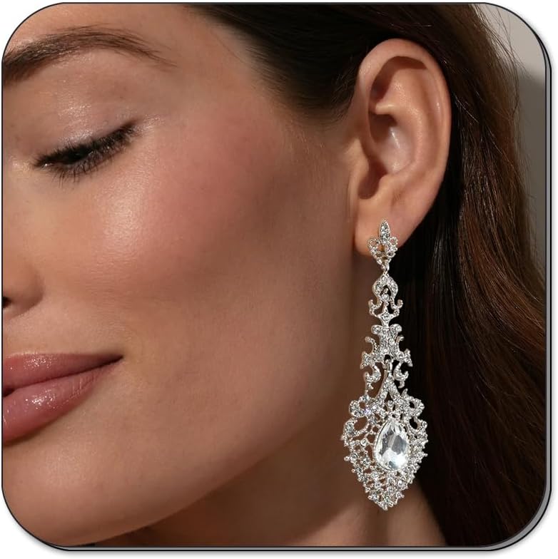 Large Silver Chandelier Earrings for Women Wedding Costume Jewelry Elegant Rhinestone Earrings Dangling Formal