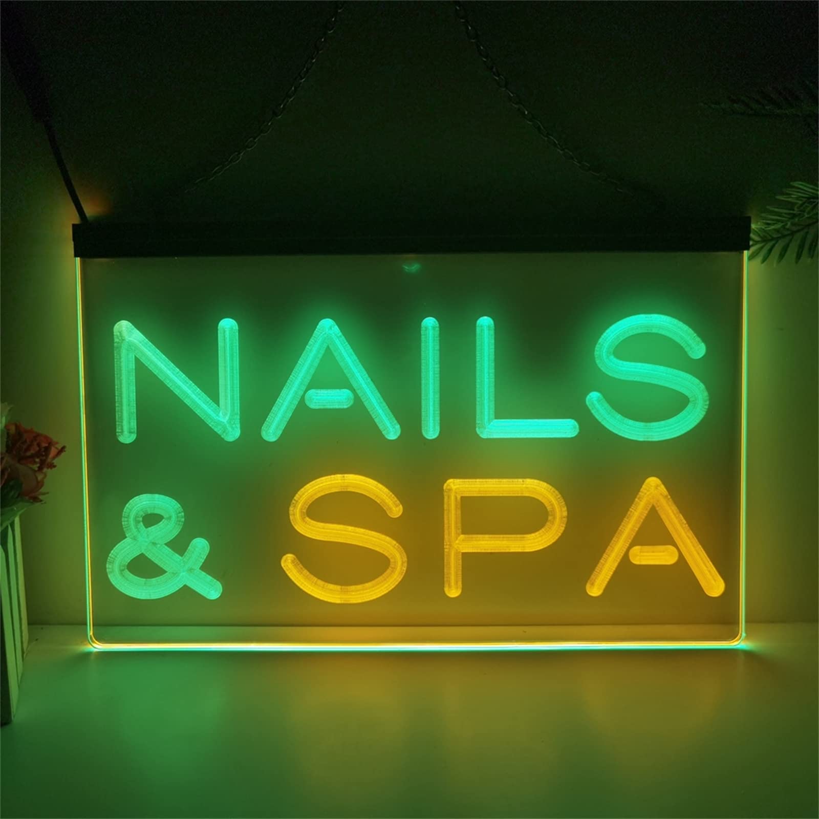 REWIS Nails & SPA LED Neon Sign, USB Powered Dimming Neon Lights, for Beauty Salon Nails Shop Light Up Signboard,Green Yellow,40x30cm
