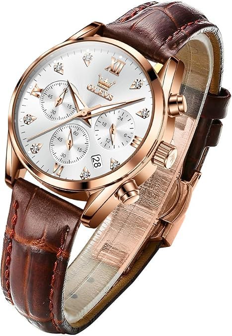 OLEVS women's quartz watch with rose gold case, white diamond dial, and brown leather strap.