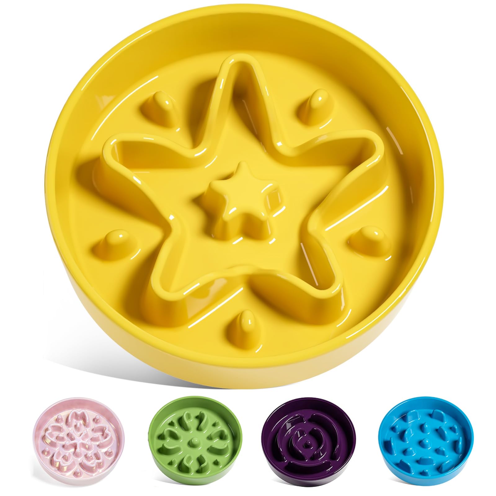 LE TAUCI Ceramic Slow Feeder Dog Bowls Small Breed, 0.6 Cups Dog Food Dish for Fast Eaters, Puzzle Bowl for Small Dogs and Cats, Star Yellow