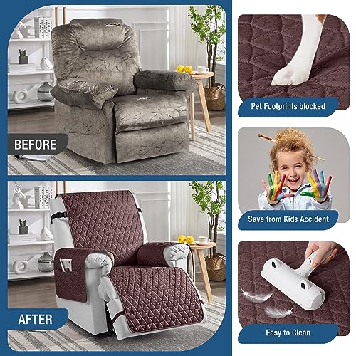 Image of TAOCOCO 100% Waterproof Recliner Chair Covers, Non Slip Recliner Covers that Stay in Place, One-Piece Washable Reclining Chair Cover with Elastic Straps, Coffee, Fits 28 inch Seat Width