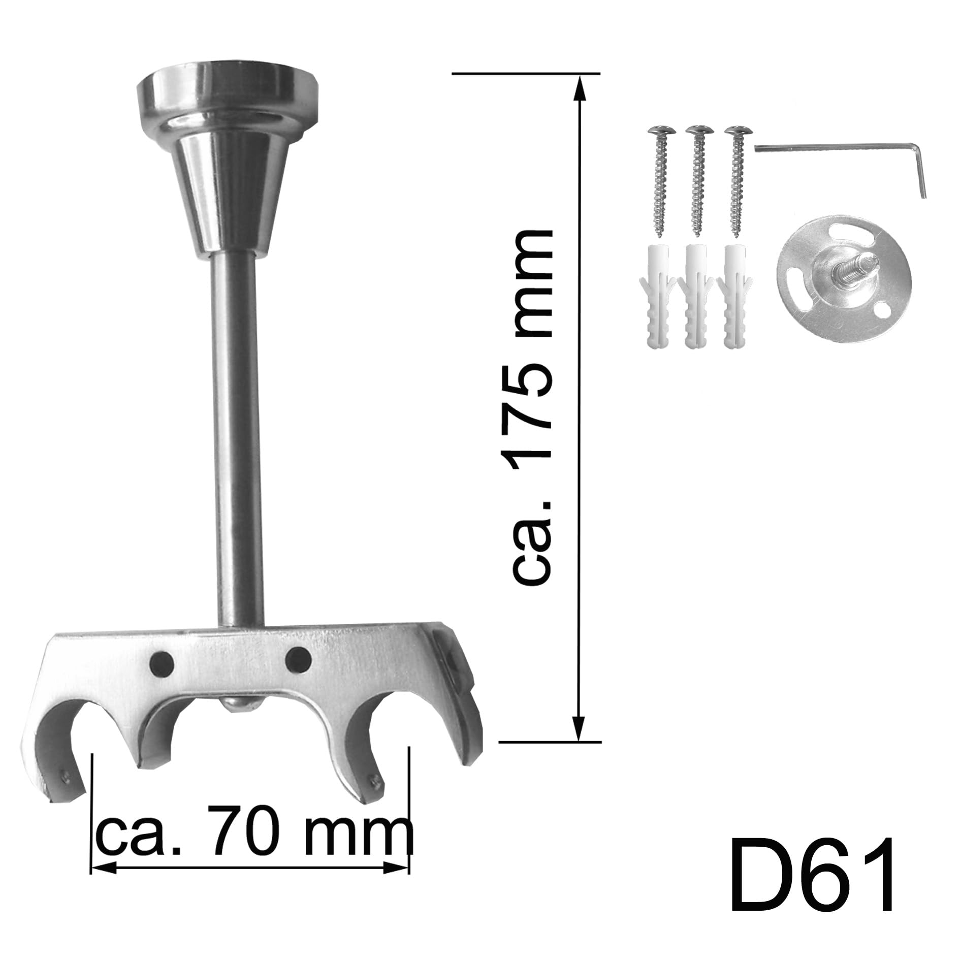 BASIT Gardinenstange Innenlauf Edelstahllook 20mm 2-läufig Decke 320cm D61 | Gardinenstangenset doppelläufig Deckenmontage Metall Vorhangstange Deckenhalterung 120-600cm wählbar Kappe mit Kristall E80
