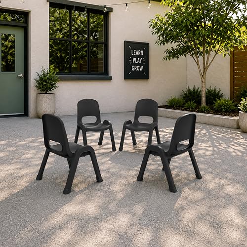 Image of ECR4Kids Plastic Stackable SitRight Chair, 11in, Classroom Furniture, Black, 4-Pack | Durable plastic, GREENGUARD Gold Certified, 3-5 years, 74 lb capacity, fully assembled, indoor and outdoor, classroom /home
