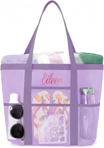 Personalized Beach Tote Bag for Women Custom Embroidered Name Large Mesh Sandproof Swim Bag, Foldable Travel Tote
