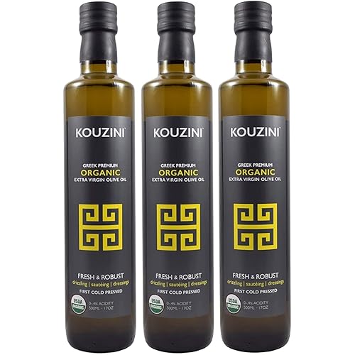 (3 Pack) Kouzini Organic Greek Extra Virgin Olive Oil, First Cold Pressed, Single Origin, Family Owned Organic Extra Virgin Olive Oil, Cold Pressed & Unfiltered EVOO for Cooking, Salad Dressings & more, 500ml
