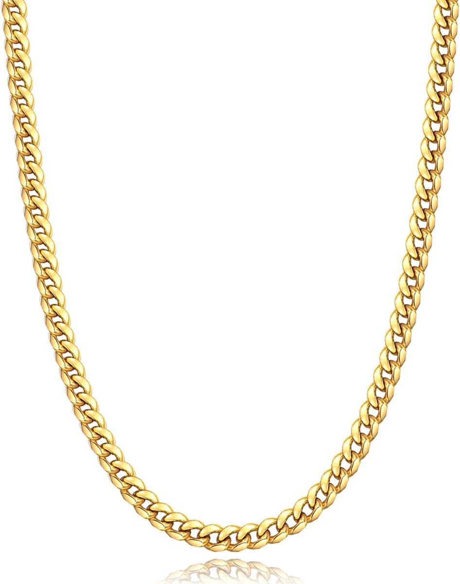 Momlovu Valentines Gifts for Men Boys 18K Gold Plated Chain Silver Tone Chains for Men Boys, 4mm/6mm Stainless Steel Cuban Link Chain, Cool Men's Necklace Chains 18/20/22/24/26 Inches