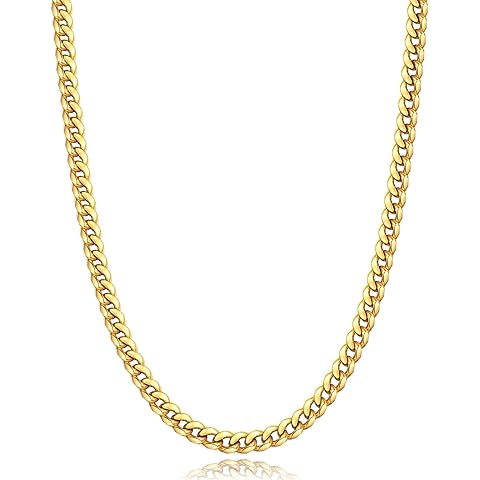 Momlovu Gifts for Men Boys 18K Gold Plated Chain Silver Tone Chain for Men Boys, 4mm/6mm Stainless Steel Cuban Link Chain, Cool Men's Necklace Chain 18/20/22/24/26 Inch, Durable Lobster Clasp
