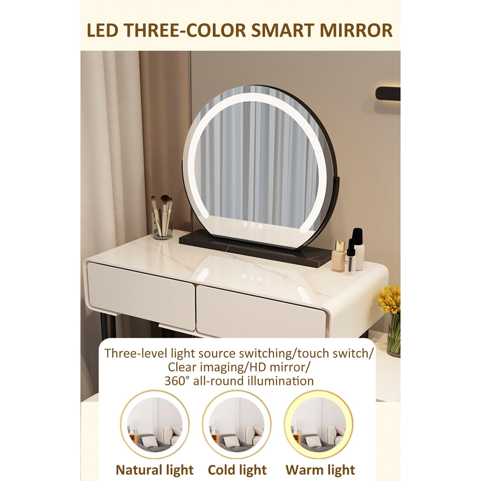 Set da trucco illuminato con luminosità regolabile, grande tavolo con cassetti e armadietti, design compatto per piccoli spazi, include sedia, perfetto per gli amanti della bellezza
