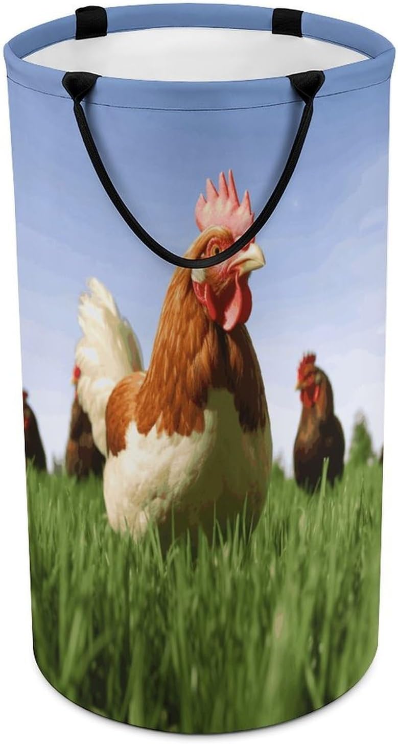 Funny Chicken Grass Laundry Hamper with Handles Waterproof Collapsible Laundry Basket Large Lightweight Round Dirty Clothes Hamper for Home Dorm Bathroom Decor