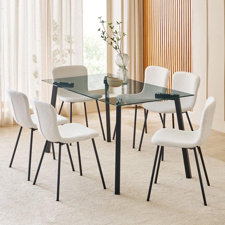 Image of Home Centre | Helios Paul 6-Seater Dining Set with Chairs | Fabric | Tempered Glass Top | Beige | 1 Year Warranty