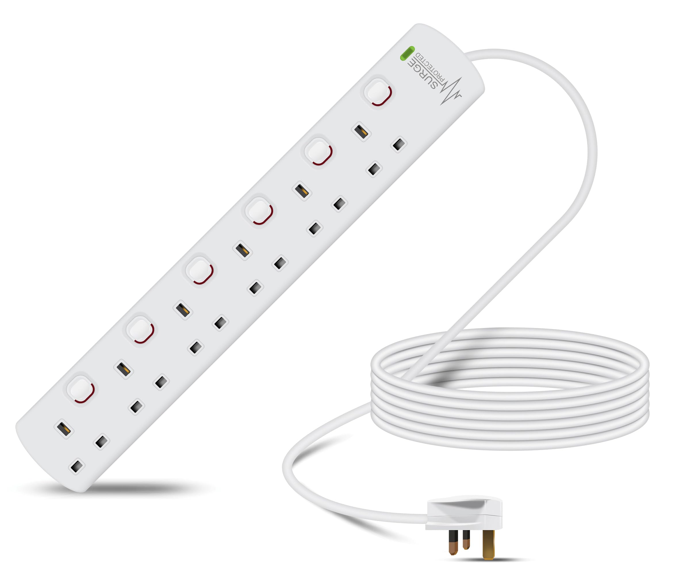 Eagle Six Gang Mains Power 13A Extension Socket with Individual Switches, Surge Protection, Neon to 13A UK Plug Lead Cable, British Standards BS1363 5m