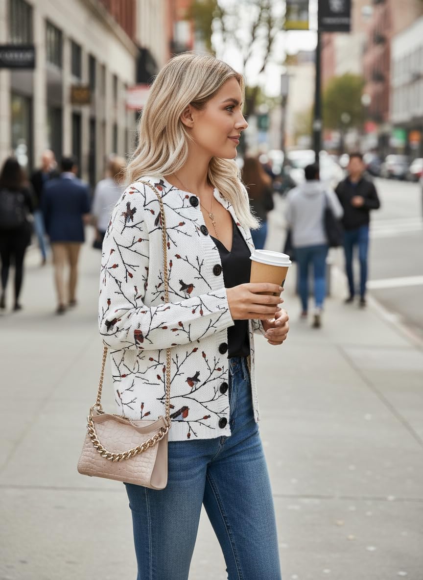 Women's Printed Crew Neck Long Sleeve Cardigan - Animal & Floral Pattern Button-Down Sweatshirt for Casual Daily Wear - Image 3