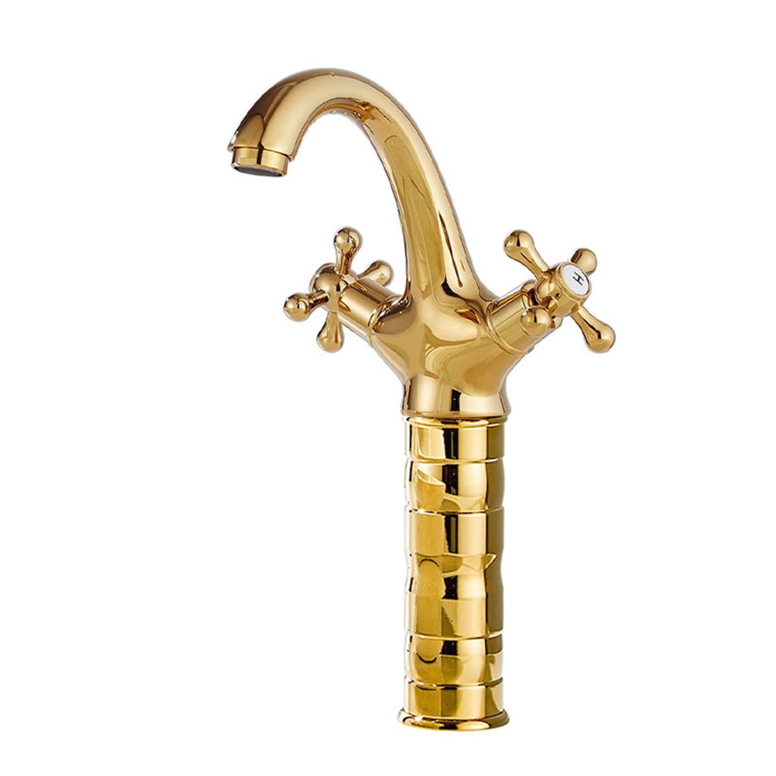 FQWNCIEG High Rise Gooseneck Basin Tap Gold Dual Crosshead Levers Single Hole Deck Mounted Bathroom Basin Mixer Tap