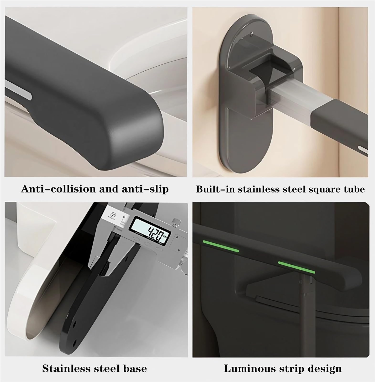Agarraderas Baño para Mayores y Minusválidos - Barras De Agarre WC/Inodoro Plegables con Tira Luminosa - Safety Frame De Montaje Lateral para Pared, Ducha Y Toilet - Reposabrazos Abatibles