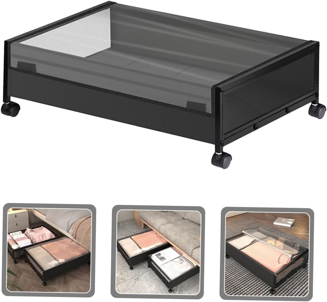 Uonlytech Under Bed Organizer Storage Case with Wheels Mesh Sundries Holder for Clothes Books Space-saving Dustproof Container Black Transparent Cover for Bedroom Storage