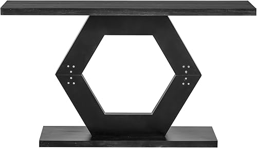 Miniatura 6 de Henf Mesa consola de 55 pulgadas moderna de madera para sofá de entrada detrás del sofá con acabado envejecido y base hexagonal hueca para pasillo,