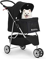 BestPet 3-Wheel Pet Stroller for Small Medium Dogs Cats - Breathable Mesh, Lightweight Foldable, Waterproof, Storage Basket Black