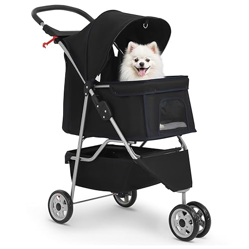 BestPet | 3-Wheel Pet Stroller | Dog and Cat Stroller | Breathable Mesh | Lightweight Travel Carrier | Waterproof & Foldable Design | Storage Basket | Black | for Daily Walks & Outdoor Use - Black
