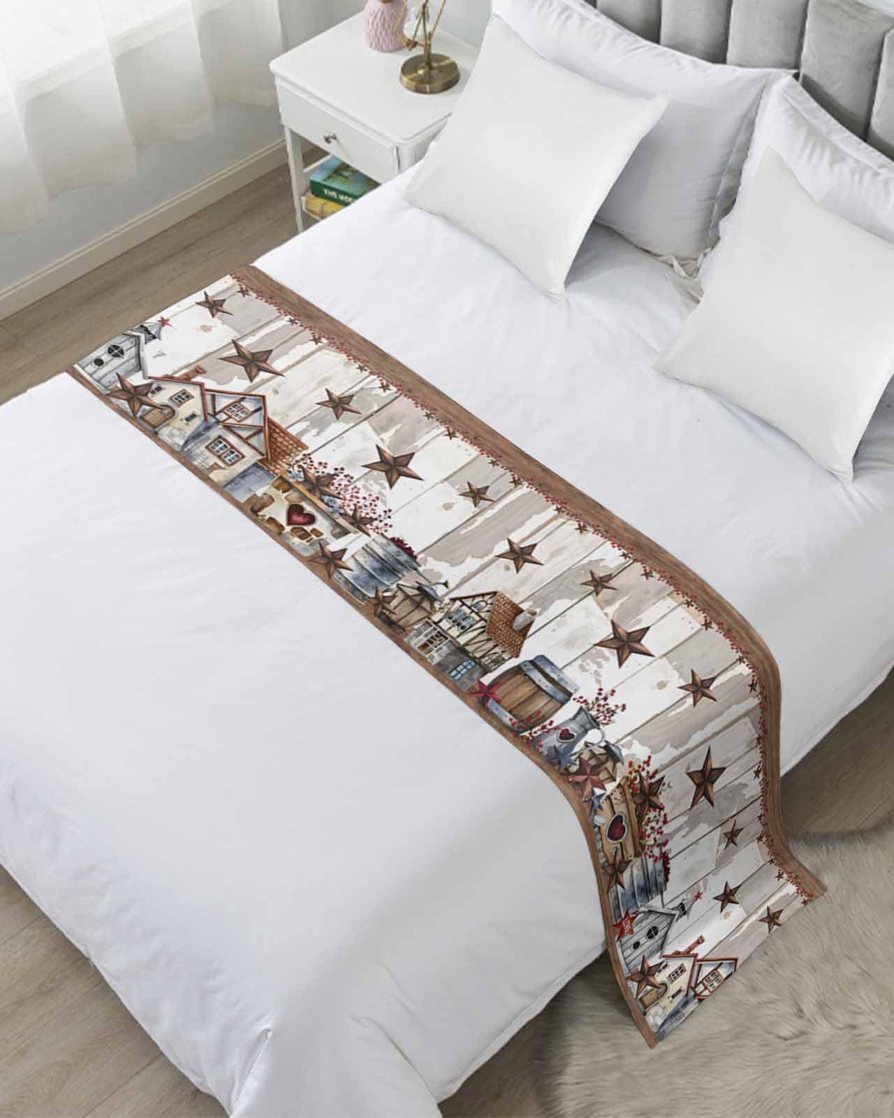 Bed Runner Farm Star Barn Bedding Scarves Soft Decorative Bed Flag Red Berry Wood Grain Bed Runners for King Size Bed Home Hotel Bedroom Decorations Bed Throws for Foot of Bed Scarf Protector 20x94