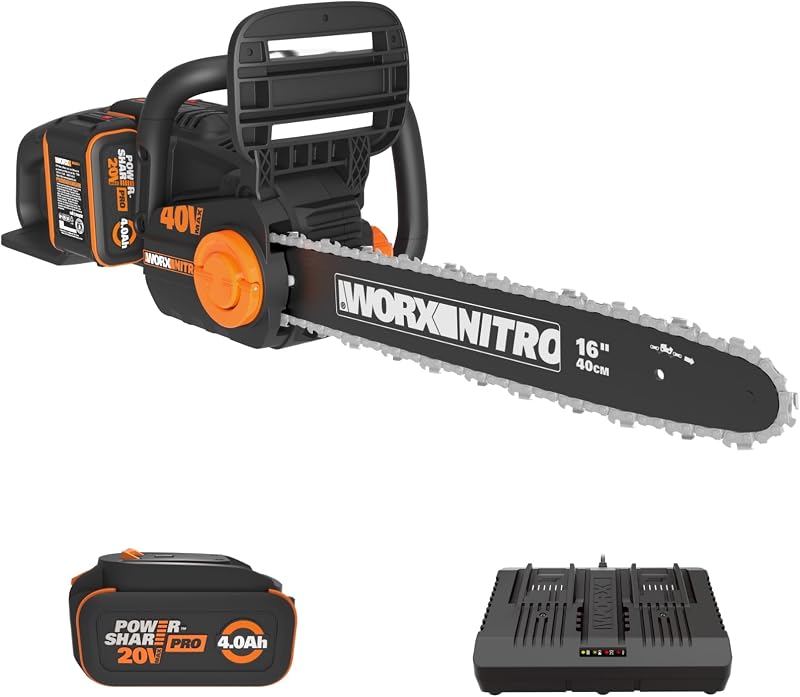 Cordless Chainsaw, 40V 16", 2 Batteries & 4A Charger, WG385 | brushless motor; cuts 12 pcs in 30s at 59 ft/s; 28" capacity; 2×20V 4.0Ah & 4A dual charger; PowerShare