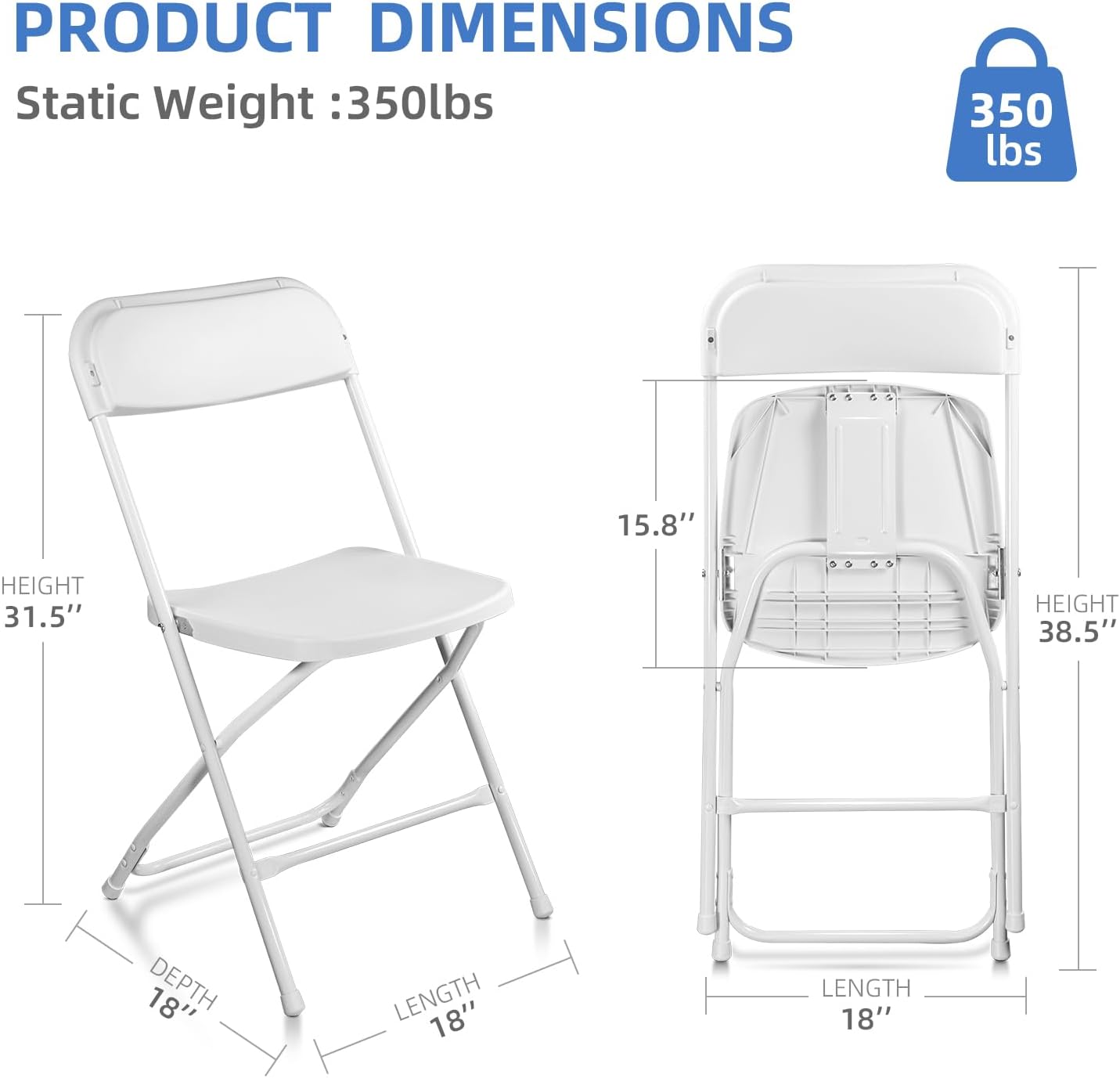 10 Pack White Folding Chairs, Indoor Outdoor Portable Stackable Commercial Seat with Steel Frame 350lb Capacity for Events, Weddings, Office, Parties