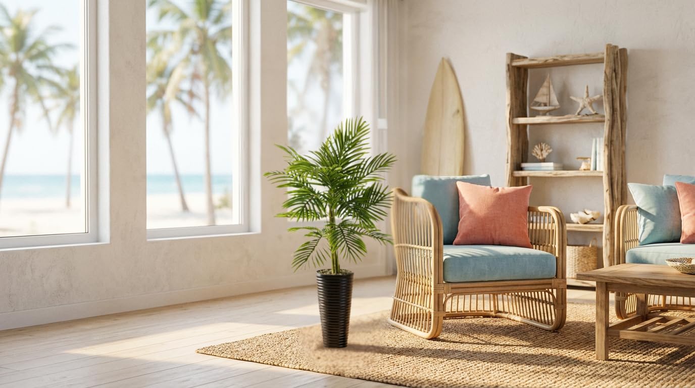 4ft Artificial Palm Tree in Pot - Indoor & Outdoor UV Resistant Standing Tropical Floor Plant - Tall Realistic Fake Silk Tree for Home, Living Room Decor, Patio, Balcony