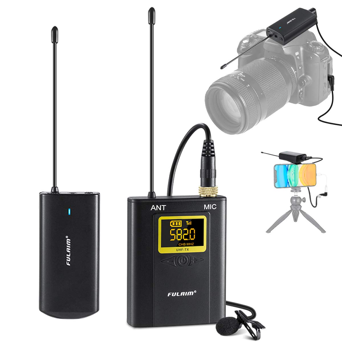 UHF Wireless Lavalier Microphone System, FULAIM WM300 20-Channel Lavalier Lapel Mic with Rechargeable Transmitter and Receiver for Recording YouTube, Interview, Vlogging, Conference, Church - 1TX