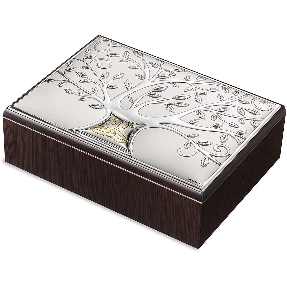Cofanetto portagioie di valenti. Cofanetto in argento bilaminato e legno con alberto della vita per 50° anniversario. Le dimensioni sono 13x18 cm. La referenza è 6133 2