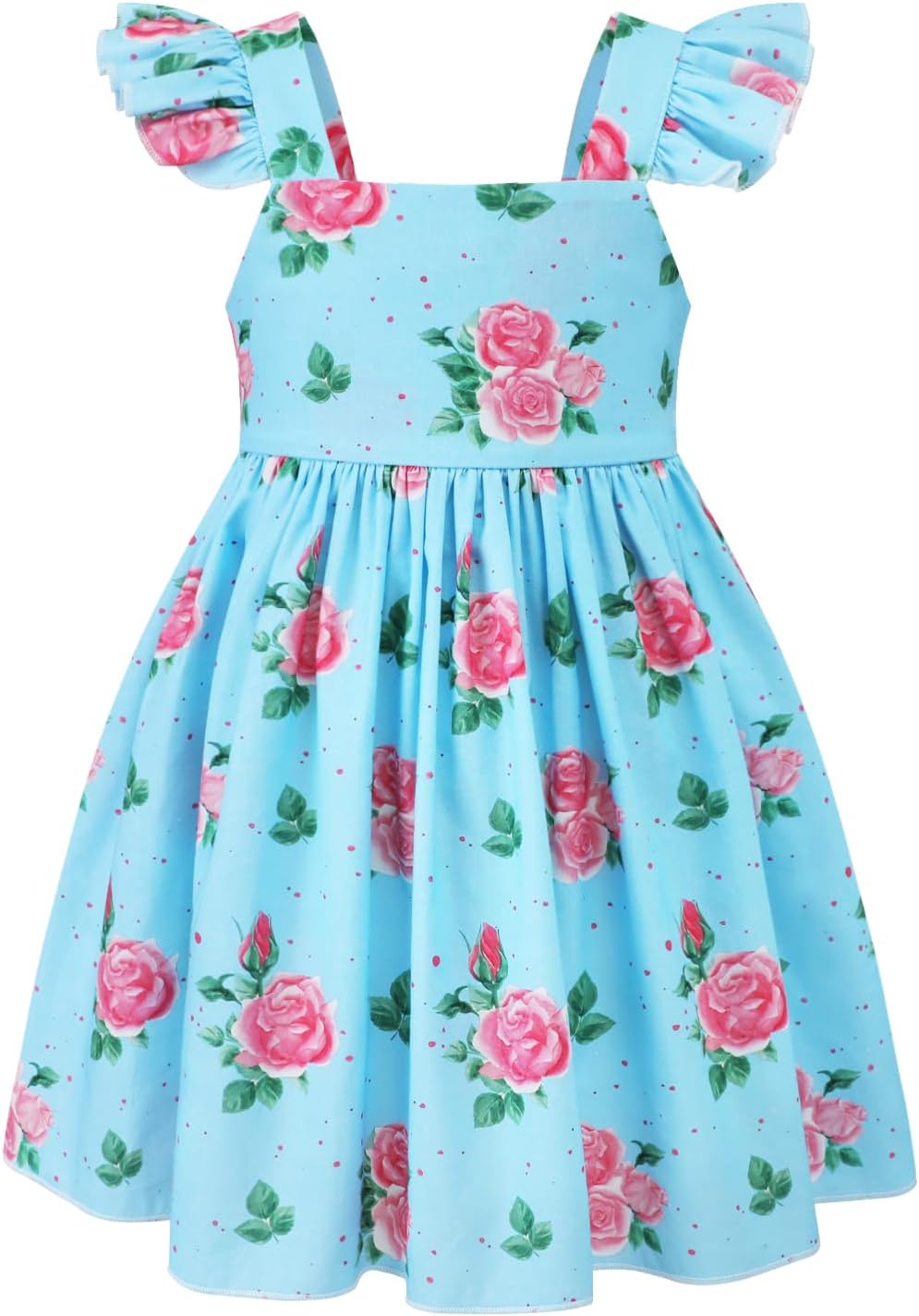 HILEELANG Fancy Girl Dress Spring Summer Pink Rose Floral Flutter Sleeves Backless Tie Back Knot Beach Sundress - Image 5