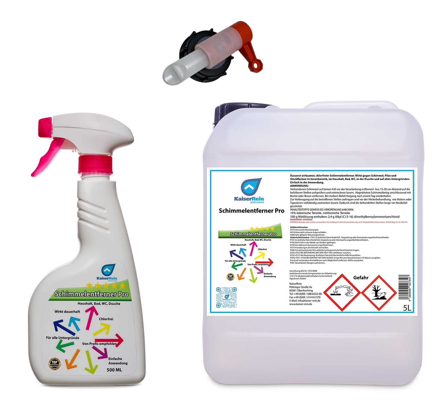 KaiserRein Schimmel-Entferner Spray 5 L mit Auslasshahn und 500 ml Flasche Haushalt, Bad, WC, Dusche Chlorfrei wirkt dauerhaft