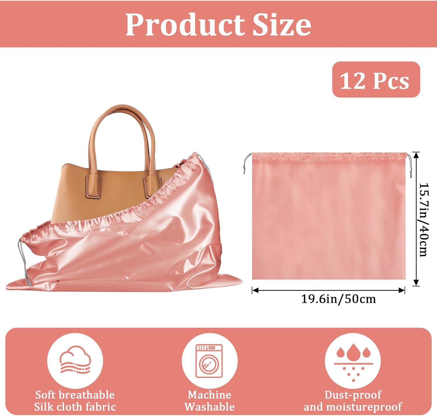 12 Pcs Dust Bags for Purses and Handbags Satin Purse Storage Organizer With Drawstring Closure Handbag Protector 16 x 20 in, Pink