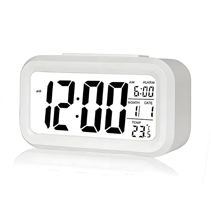 Sukee Plastic Digital Alarm Clock Table Clock for Students, Home, Office, Corporate with Automatic Sensor, Date & Temperature (White), 14 cm , 14 cm