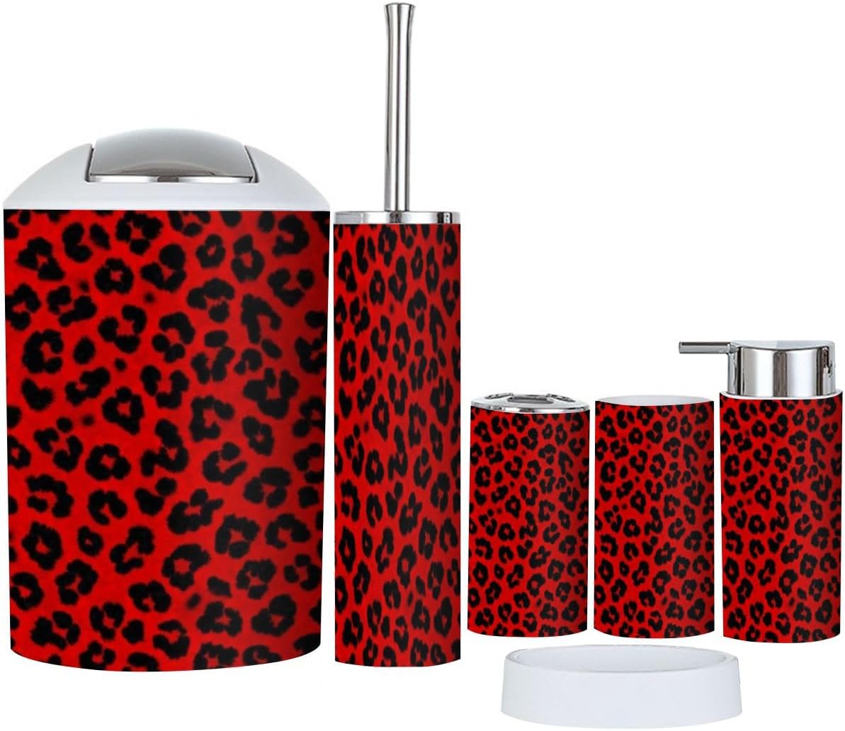Bathroom Accessories Set 6 Pcs Black Red Wild Cheetah Leopard Print Animal Print Red Black Toothbrush Holder Cup Soap Dispenser Soap Dish Toilet Brush Holder Trash Can for Countertop Decor
