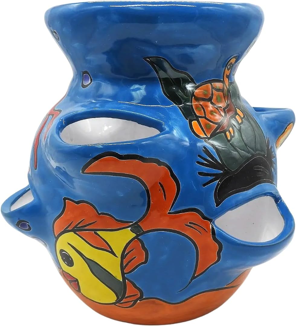 Strawberry Planter Medium Light Blue Fish Pattern Hand Painted Indoor Outdoor Multi Colored Glazed (Light Blue Fish)